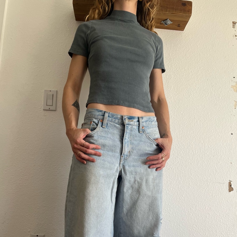 Faded Blue Ribbed Mock Neck Tee